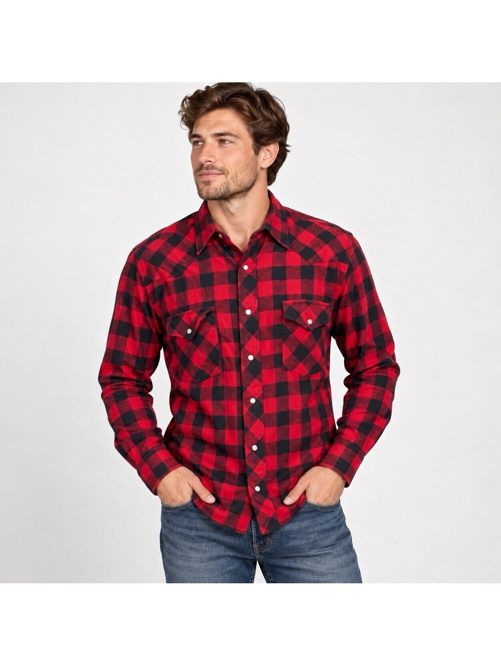 Wrangler Pearl Snap Western Shirt Men’s M Red Black Plaid Cowboy Rodeo Ranch